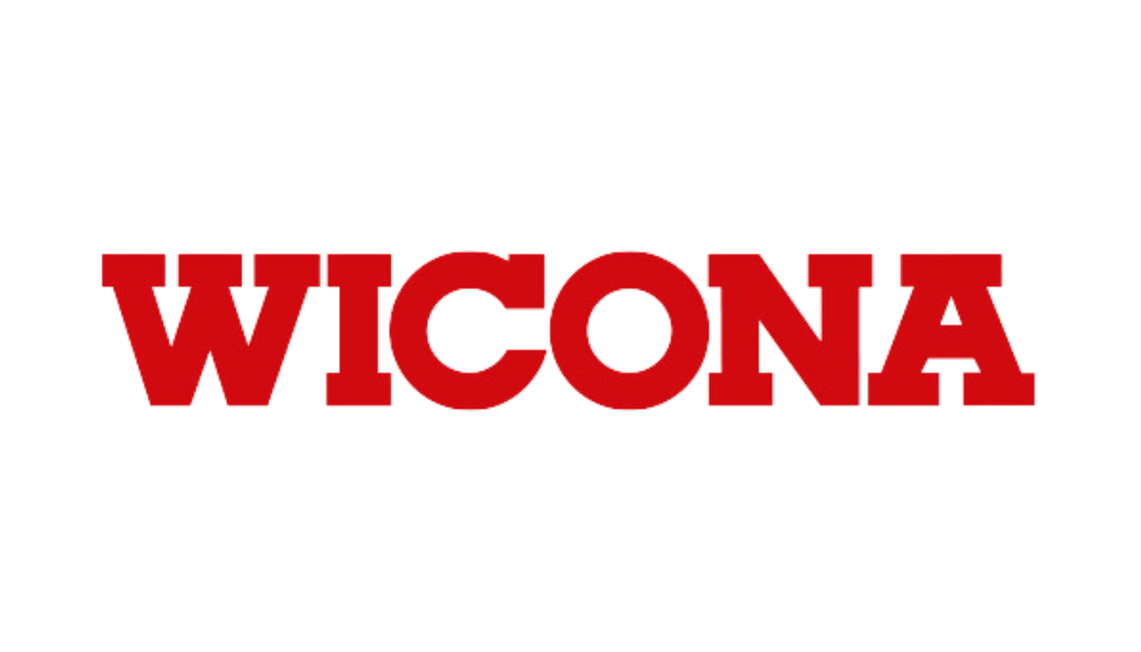 WICONA-Logo: Roter Schriftzug 'WICONA' in Großbuchstaben, Anbieter von Aluminium-Fenster-, Tür- und Fassadensystemen.
